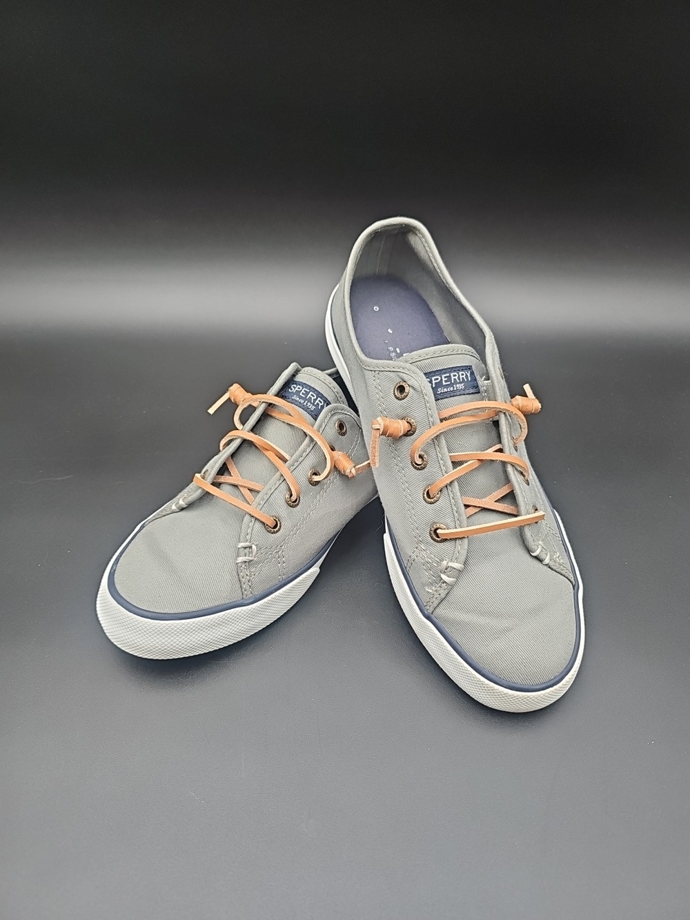 Sperry Gray Canvas Boat Shoes with Tan Laces